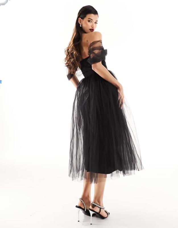 Lace & Beads off shoulder tulle tiered maxi dress in Black