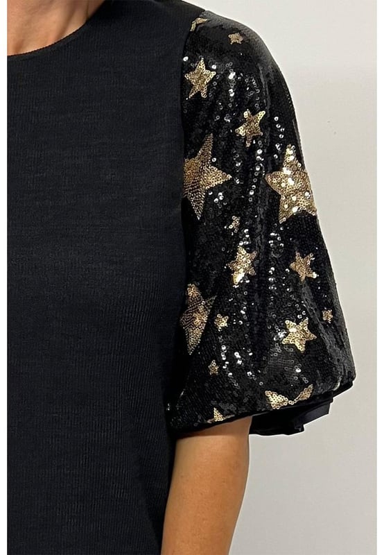 Top de punto a la moda  
Cuello redondo relajado  
Mangas en contraste  
Mangas farol con lentejuelas y estrellas  
Versátil para diferentes ocasiones  
Disponible en diferentes tallas  
Material de alta elasticidad  
Envío rápido a nivel mundial  
Unisex  