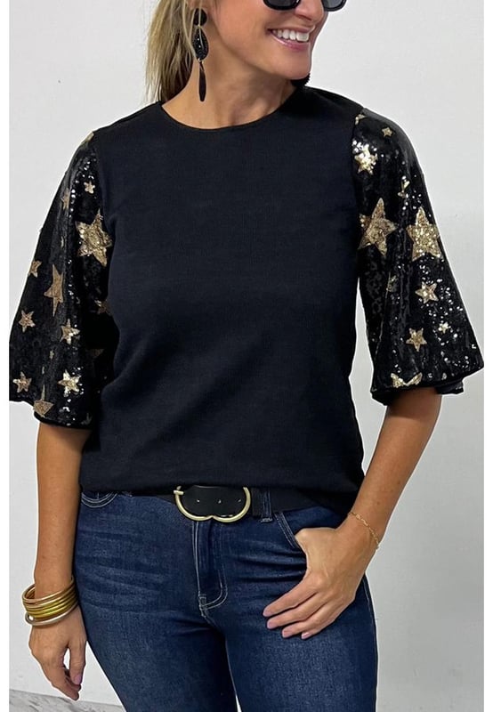 Top de punto a la moda  
Cuello redondo relajado  
Mangas en contraste  
Mangas farol con lentejuelas y estrellas  
Versátil para diferentes ocasiones  
Disponible en diferentes tallas  
Material de alta elasticidad  
Envío rápido a nivel mundial  
Unisex  