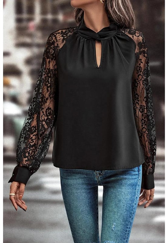 Black Keyhole Neckline Floral Lace Raglan Sleeve Blouse
  Keyhole neckline
  Delicate floral lace sleeves
  Raglan sleeves for a modern silhouette
  Available in sizes S to XL
  Low elasticity
Material: 100% Polyester