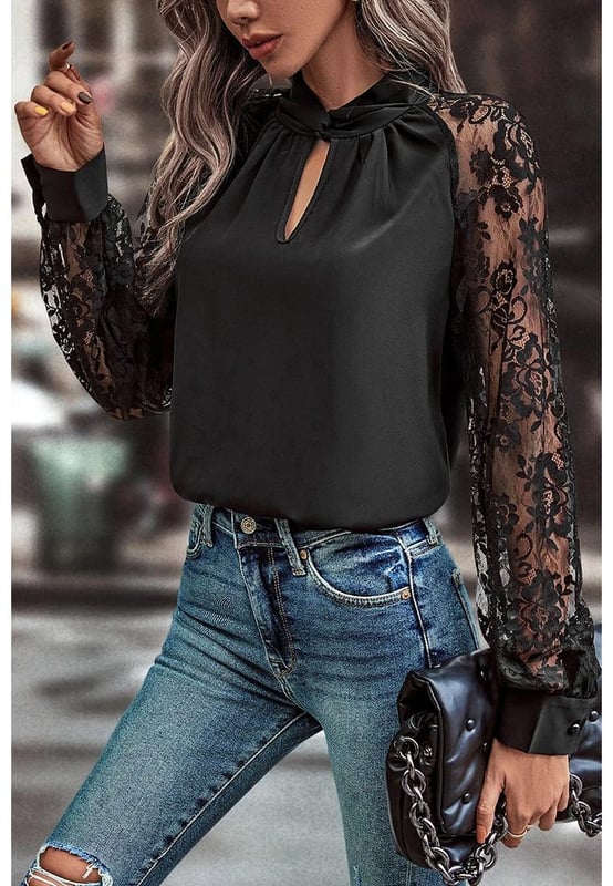 Black Keyhole Neckline Floral Lace Raglan Sleeve Blouse
  Keyhole neckline
  Delicate floral lace sleeves
  Raglan sleeves for a modern silhouette
  Available in sizes S to XL
  Low elasticity
Material: 100% Polyester