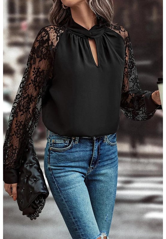 Black Keyhole Neckline Floral Lace Raglan Sleeve Blouse
  Keyhole neckline
  Delicate floral lace sleeves
  Raglan sleeves for a modern silhouette
  Available in sizes S to XL
  Low elasticity
Material: 100% Polyester