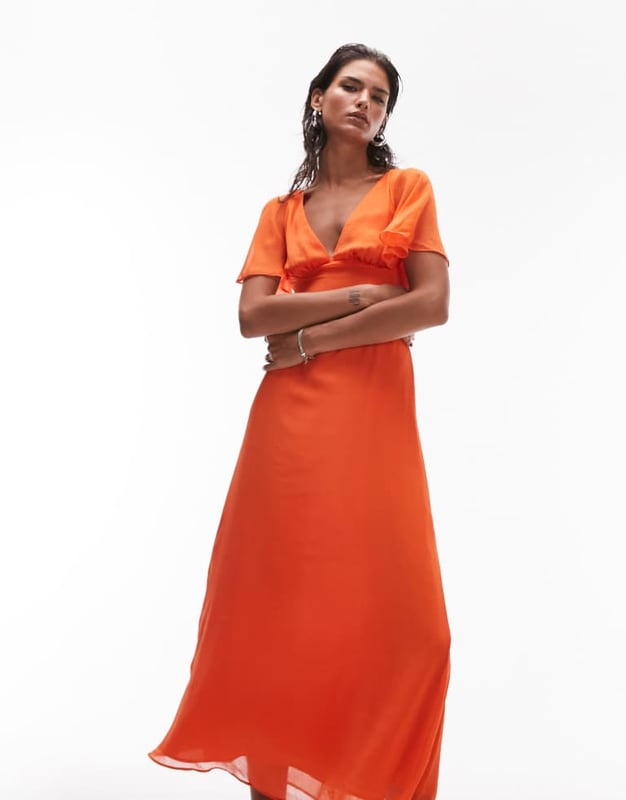 chinese dress ladies Fortune Lace Trim Mesh Midi Dress Orange main image 1