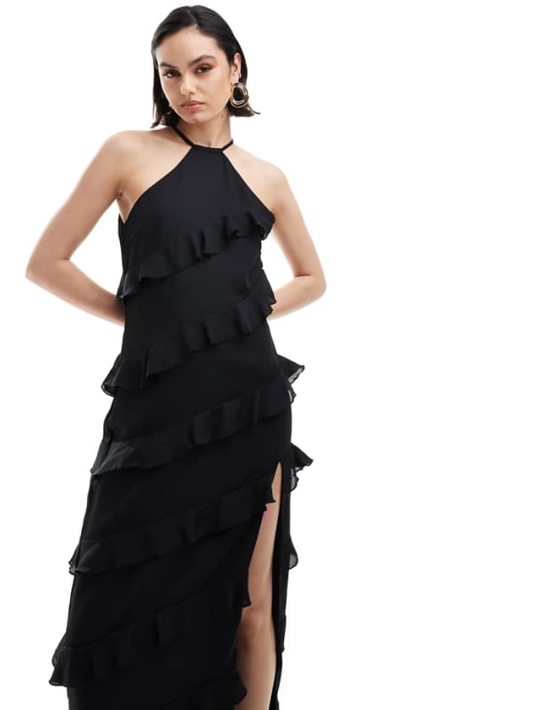 Dresses by Pretty Lavish Dress the part Halterneck style Ruffle details Zip-side fastening Side split Regular fitSold By: Asos