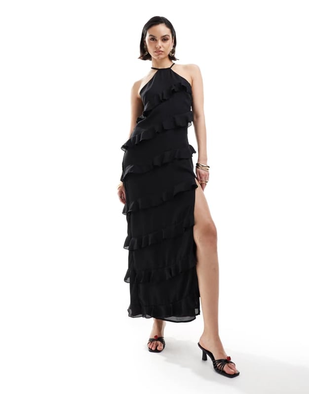Dresses by Pretty Lavish Dress the part Halterneck style Ruffle details Zip-side fastening Side split Regular fitSold By: Asos