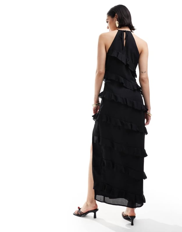 Dresses by Pretty Lavish Dress the part Halterneck style Ruffle details Zip-side fastening Side split Regular fitSold By: Asos