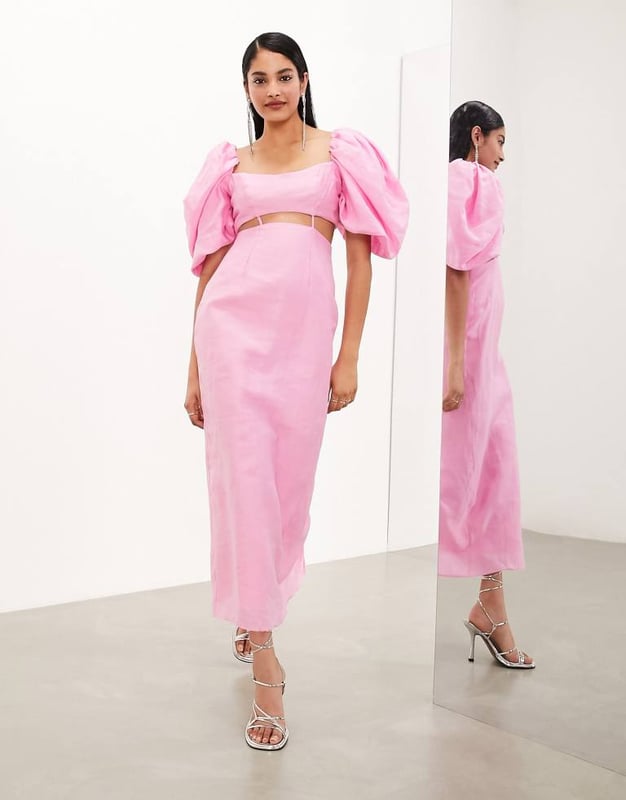 Dresses by ASOS EDITION Best dressed: secured Square neck Puff sleeves Cut-out waist Zip-back fastening Kick split Regular fitSold By: Asos
