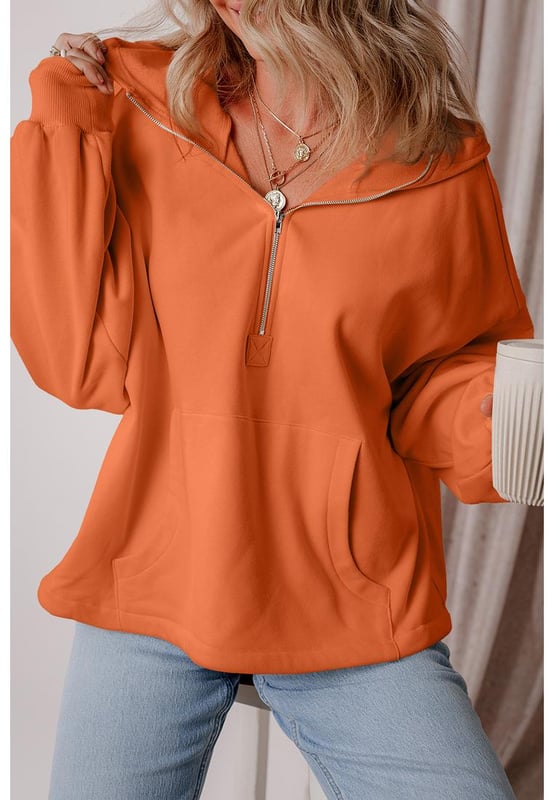 Orange fleece lined hoodie
  Half zipper for easy wear
  Functional kangaroo pockets to keep essentials close
  Fleece
  lined design for added comfort
  Medium elasticity
  Perfect for casual outings or lounging
  Refer to size chart for perfect fit
Material: 50% Polyester 50% Cotton