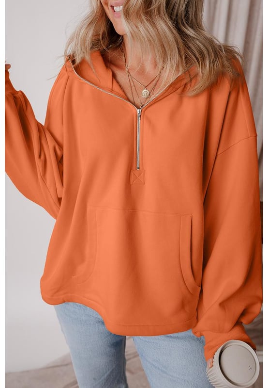 Orange fleece lined hoodie
  Half zipper for easy wear
  Functional kangaroo pockets to keep essentials close
  Fleece
  lined design for added comfort
  Medium elasticity
  Perfect for casual outings or lounging
  Refer to size chart for perfect fit
Material: 50% Polyester 50% Cotton