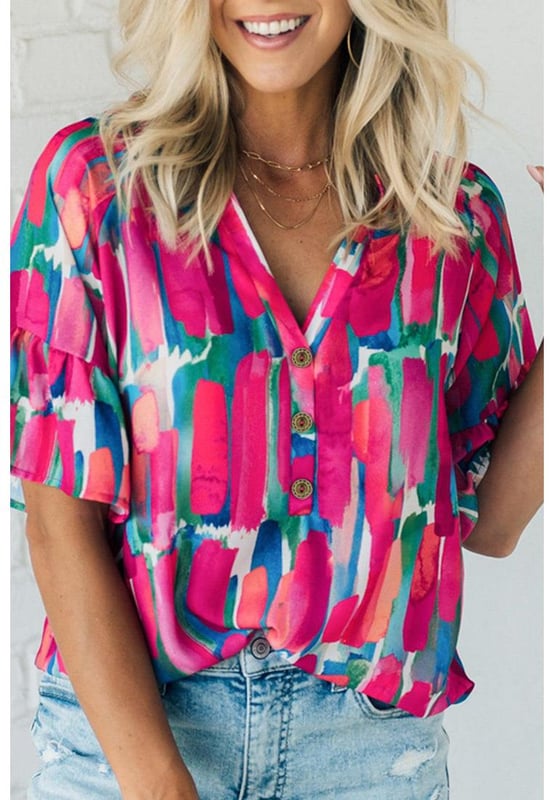 Chic and unique Rose Abstract Brushwork Print
  V
  neck and buttoned detail
  Ruffled sleeves add a touch of grace
  Made of lightweight and soft material
  Comfortable to wear all day long
  Pairs well with pants or skirts
  Popular among different ages
  Please check the size chart below for the perfect fit