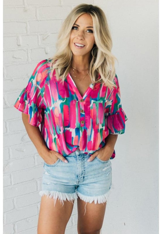 Chic and unique Rose Abstract Brushwork Print
  V
  neck and buttoned detail
  Ruffled sleeves add a touch of grace
  Made of lightweight and soft material
  Comfortable to wear all day long
  Pairs well with pants or skirts
  Popular among different ages
  Please check the size chart below for the perfect fit