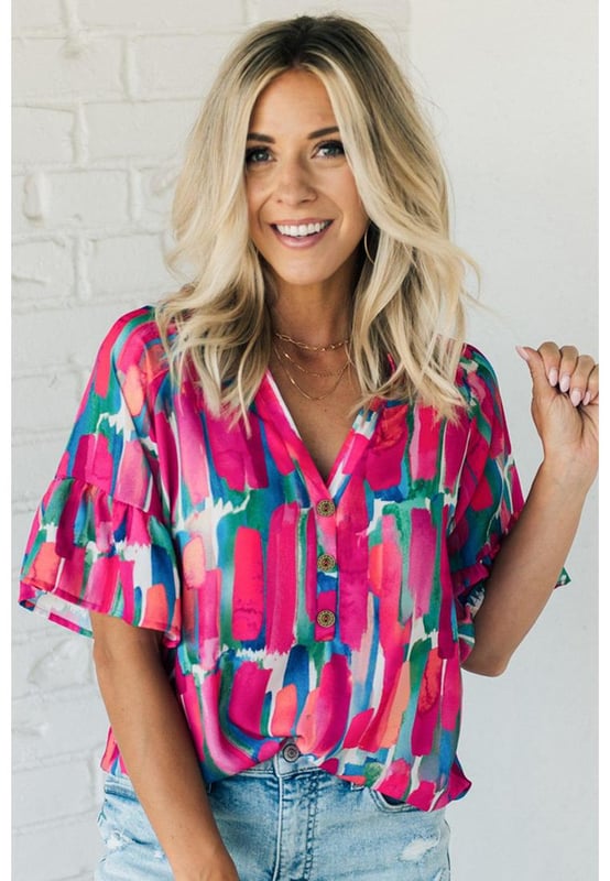 Chic and unique Rose Abstract Brushwork Print
  V
  neck and buttoned detail
  Ruffled sleeves add a touch of grace
  Made of lightweight and soft material
  Comfortable to wear all day long
  Pairs well with pants or skirts
  Popular among different ages
  Please check the size chart below for the perfect fit