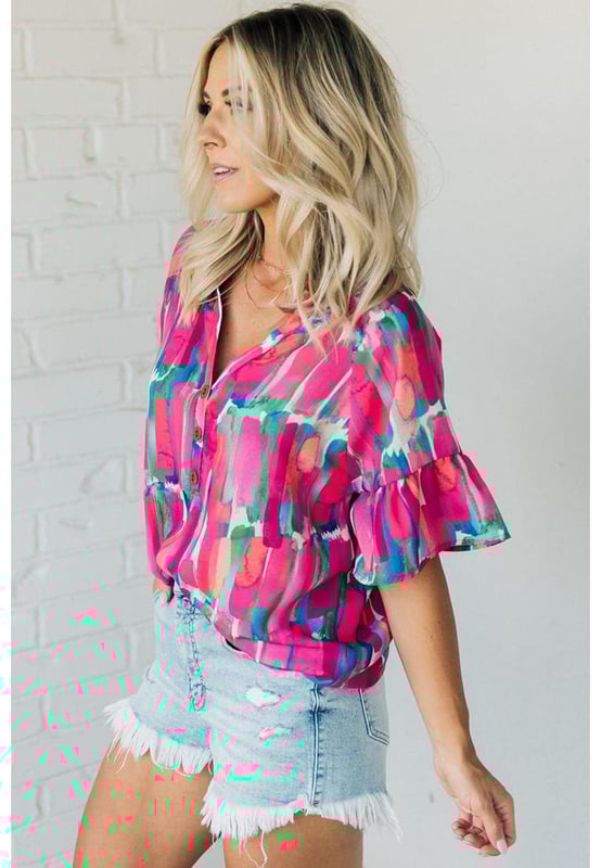 Chic and unique Rose Abstract Brushwork Print
  V
  neck and buttoned detail
  Ruffled sleeves add a touch of grace
  Made of lightweight and soft material
  Comfortable to wear all day long
  Pairs well with pants or skirts
  Popular among different ages
  Please check the size chart below for the perfect fit