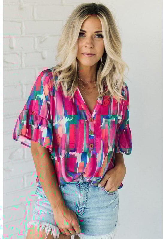 Chic and unique Rose Abstract Brushwork Print
  V
  neck and buttoned detail
  Ruffled sleeves add a touch of grace
  Made of lightweight and soft material
  Comfortable to wear all day long
  Pairs well with pants or skirts
  Popular among different ages
  Please check the size chart below for the perfect fit