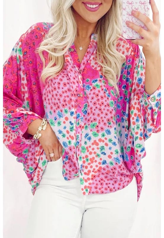 Rose Red Floral Allover Print Oversized Shirt
  Buttoned V Neck Design
  Trendy Batwing Sleeves
  Available in Various Sizes
Material: 100% Polyester