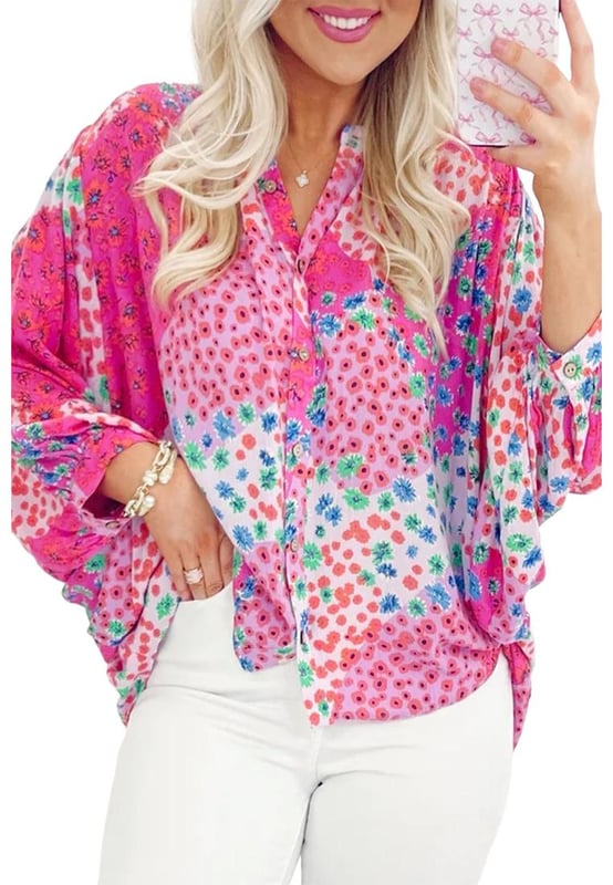 Rose Red Floral Allover Print Oversized Shirt
  Buttoned V Neck Design
  Trendy Batwing Sleeves
  Available in Various Sizes
Material: 100% Polyester