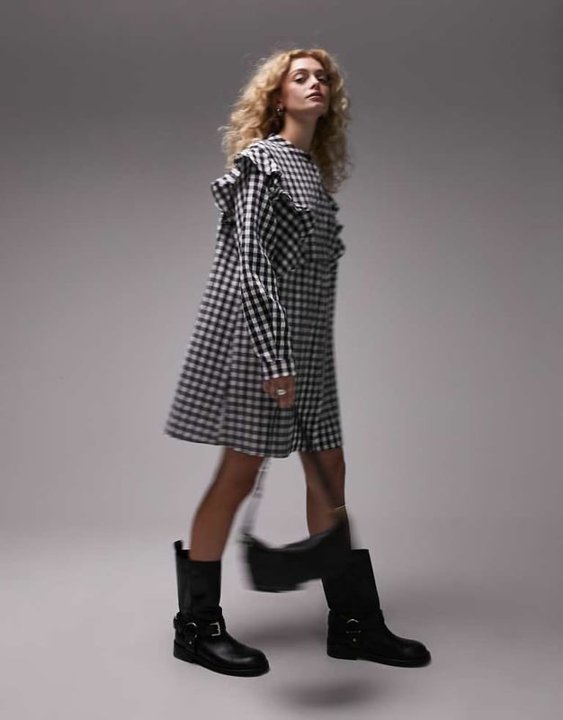 Topshop button down mini shirt dress in mono check-Multi