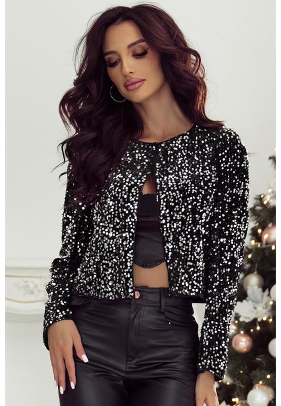 Black sequined design for a glamorous look
  Open front for versatile styling
  Long sleeves for coverage and chic silhouette
  Perfect to pair with skirts jeans pants and shorts
  Captivating patterns and textures
Material: 100% PET