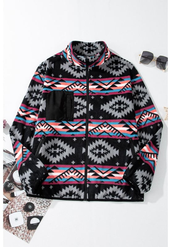Vibrant Aztec print adds a touch of boho flair
  Convenient zip
  up design for easy wearability
  Stylish collar enhances the jackets chic appeal
  Side pockets provide practical storage options
Material: 100% Polyester