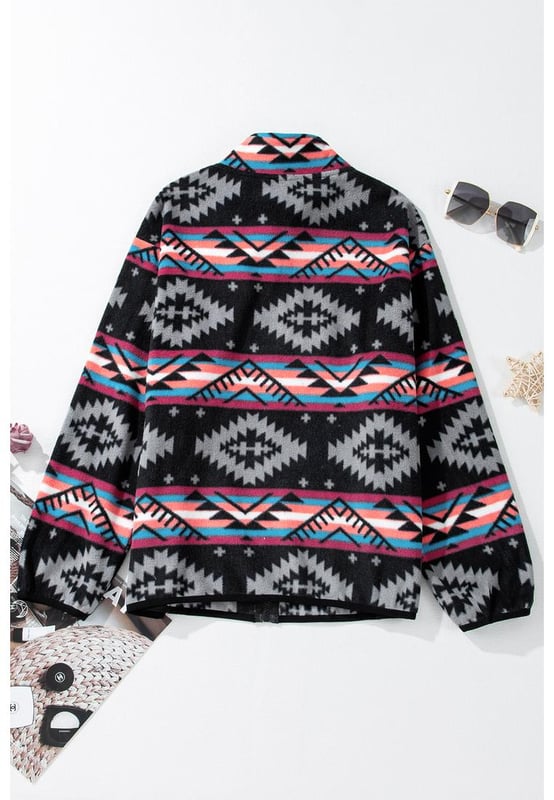 Vibrant Aztec print adds a touch of boho flair
  Convenient zip
  up design for easy wearability
  Stylish collar enhances the jackets chic appeal
  Side pockets provide practical storage options
Material: 100% Polyester