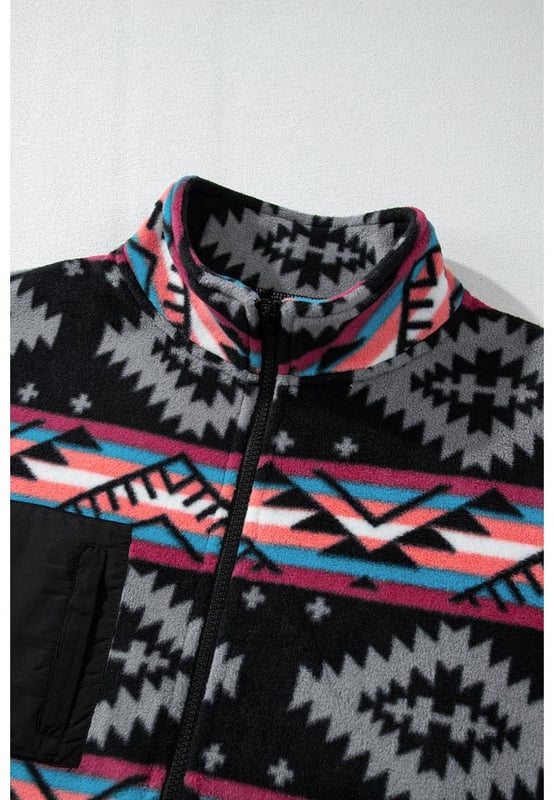Vibrant Aztec print adds a touch of boho flair
  Convenient zip
  up design for easy wearability
  Stylish collar enhances the jackets chic appeal
  Side pockets provide practical storage options
Material: 100% Polyester