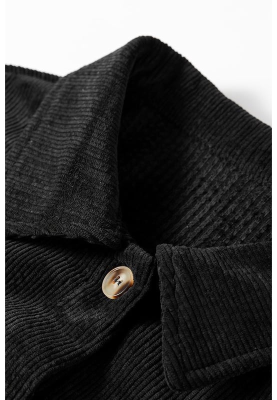 Black corduroy shacket
  Functional flap pockets
  Button
  up closure
  Shirt collar for a sophisticated touch
  Perfect for a cozy and stylish feel
Material: 75% Polyester 20% Viscose 5% Elastane