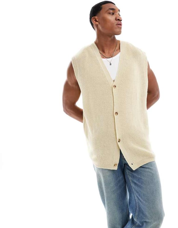 ASOS DESIGN oversized knitted sleeveless rib cardigan in stone-Neutral T-Shirts & Vests by ASOS DESIGN Knitwear until further notice V-neck Button placket Sleeveless style Oversized fitSold By: Asos