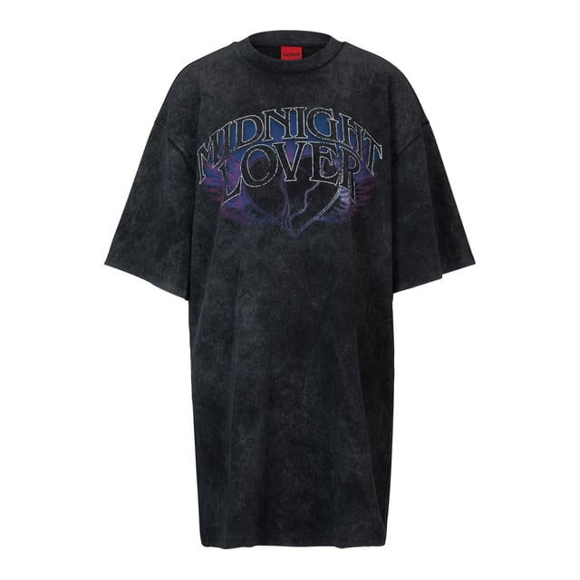Womens HUGO Nelaja Cotton Jersey T-Shirt DressAn oversize-fit T-shirt dress in heavyweight jersey with new-season artwork at the chest and a logo at the back by HUGO Womenswear.- Crew neck- Short sleeves- Midnight Lover graphic- Relaxed fit- Main material: 100% Cotton.  Collar: 97% Cotton  3% Elastane.  Machine washable.- Ref: 50505023002