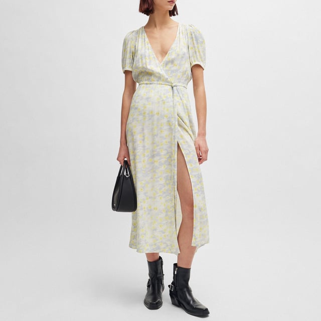 fluid midi dress with wrap detail and fabric bow - v-neck - elastic waistline - short voluminous sleeves