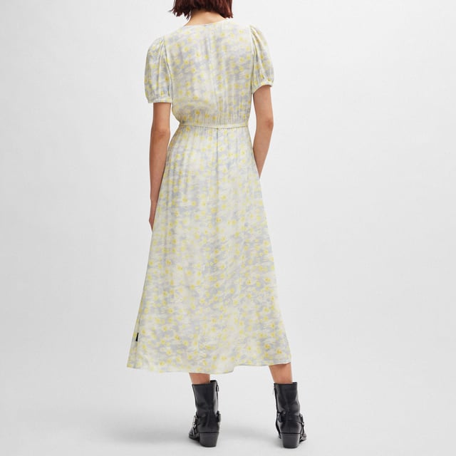 fluid midi dress with wrap detail and fabric bow - v-neck - elastic waistline - short voluminous sleeves