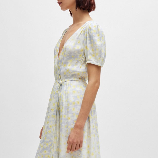 fluid midi dress with wrap detail and fabric bow - v-neck - elastic waistline - short voluminous sleeves