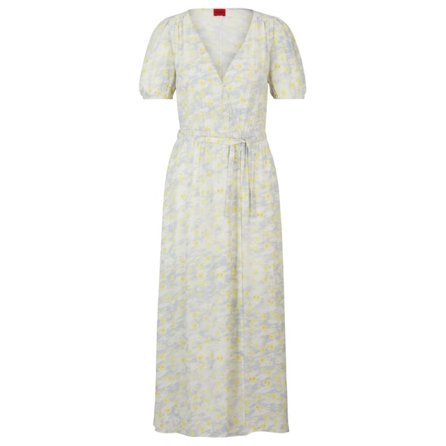 fluid midi dress with wrap detail and fabric bow - v-neck - elastic waistline - short voluminous sleeves
