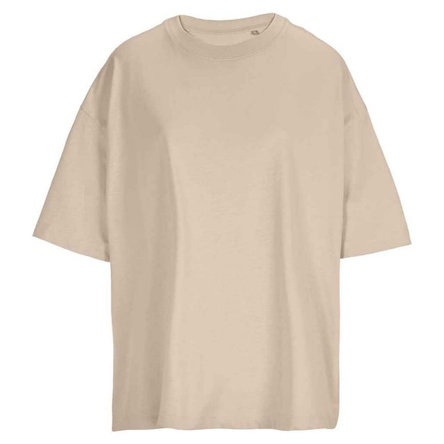 100% Organic Cotton. Fabric: Combed. Design: Plain. Neckline: Crew Neck, Ribbed Collar. Sleeve-Type: Short-Sleeved. Side Seams, Taped Neck, Twin Needle Stitching, Unbranded Size Label. Fit: Oversized. 180gsm. Sustainability: Amfori, BSCI, Fair Wear Approved, Oeko-Tex Standard 100 Certified, PETA-Approved Vegan, REACH. XS: 41.5 in. S: 44 in. M: 46.5 in. L: 48.5 in. XL: 51 in.