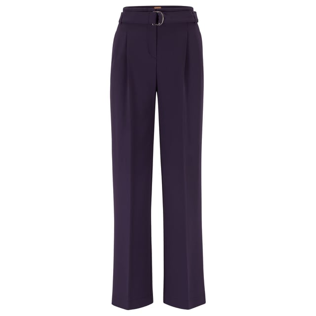 Dames BOSS Tapiana relaxed-fit broek van kreukherstellende Japanse crêpe in paars.Chique kreukherstellende broek van Japanse crêpe van BOSS Womenswear. Deze broek met wijde pijpen en riem heeft een relaxte pasvorm en een plooi aan de voorkant. Dit product is gemaakt met cellulosevezels die afkomstig zijn van natuurlijk ruw houtmateriaal en afkomstig zijn uit verantwoord beheerde bossen.- Gulp met rits en knoopsluiting.- Inclusief riem.- Hoge taille.- Wijde pijpen.- Plooi aan de voorkant.- Franse zakken aan de voorkant; paspelzak aan de achterkant.- Relaxed fit.- Kwaliteit: 69% Triacetaat 31% Polyester. Zakken: 100% Katoen.  Machinewasbaar.- Ref: 50479405-506