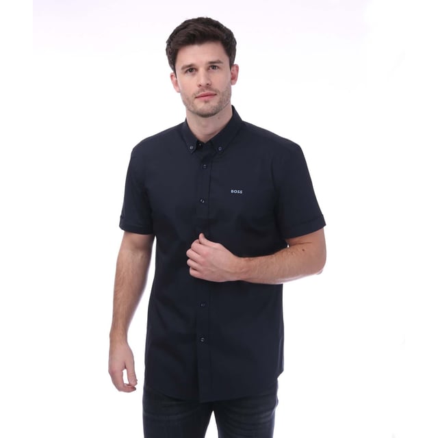 Men's Boss Short Sleeve Slim-Fit Shirt in Dark Blue Men's Boss Short Sleeve Slim-Fit Shirt.- Button down collar.- Short sleeves.- Full button fastening.- Embroidered BOSS logo on the chest.- Slim fit. Material: 96% Polyester, 4% Elastane. Ref: 50522755404.