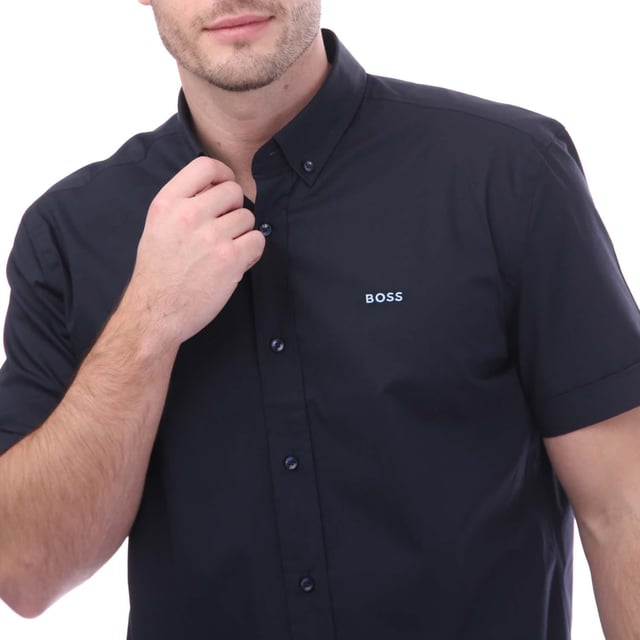 Men's Boss Short Sleeve Slim-Fit Shirt in Dark Blue Men's Boss Short Sleeve Slim-Fit Shirt.- Button down collar.- Short sleeves.- Full button fastening.- Embroidered BOSS logo on the chest.- Slim fit. Material: 96% Polyester, 4% Elastane. Ref: 50522755404.