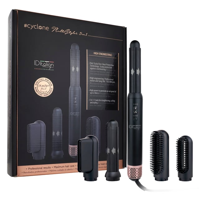 El Secador profesional Multistyler 5 in 1 es la herramienta de belleza definitiva para el cuidado y estilo del cabello, diseñada para adaptarse a las necesidades de cualquier tipo de cabello y estilo. Equipado con un potente motor profesional de 110.000 rpm, garantiza un rendimiento excepcional y una larga durabilidad. Su gran potencia asegura un secado rápido y eficiente, mientras que sus cinco cabezales intercambiables permiten una versatilidad inigualable: desde un secado tradicional hasta el alisado perfecto o rizos definidos, todo con un solo aparato.

Una de sus innovaciones más destacadas es la tecnología Ai-Sensor, que detecta automáticamente el cabezal colocado y ajusta la temperatura y velocidad del aire de manera inteligente. Esto asegura un cuidado personalizado para el cabello, evitando daños por temperaturas inadecuadas y optimizando cada función. Además, su sistema "Hair Scalp Over Heat Protection" protege el cuero cabelludo del sobrecalentamiento, brindando una experiencia segura y confortable incluso durante el uso prolongado.

El secador multistyler ofrece tres velocidades de aire, alcanzando hasta 30m/s, y un flujo de aire máximo de 1,2 m3/min, lo que permite un secado rápido y eficiente. También cuenta con tres niveles de temperatura ajustables según el cabezal: de 60º a 100ºC para los cabezales de secado y rizado, y de 160º a 200ºC para el cabezal cepillo alisador. Esta adaptación de temperaturas según el cabezal garantiza resultados impecables sin comprometer la salud del cabello.

*Existe la posibilidad de adquirir por separado el cabezal plancha alisadora rizadora con aire, que cuenta con tecnología "HairCare". Este cabezal incorpora placas con recubrimiento cerámico que distribuyen la temperatura de manera uniforme y permiten un deslizamiento óptimo del cabello. Al liberar aire, esta plancha fija el peinado en menos tiempo, reduciendo la exposición del cabello a altas temperaturas y brindando un cuidado máximo. * Nota: El accesorio cabezal de plancha alisadora rizadora se vende por separado.

• Motor profesional y larga duración
• Alto rendimiento: 110.000rpm.
• Gran potencia.
• Tecnología Ai-sensor: Sensor automático Inteligente de detección de cabezales que auto regula temperatura y velocidad del aire según en función del útil colocado.
• Tecnología “Hair Scalp Over Heat Protection”: protección del cuero cabelludo contra el sobrecalentamiento.
• Incluye 5 cabezales: secador, boquilla secador, cepillo secador, cepillo alisador y dos rizadores efecto coanda.
Caudal máximo de aire: ≧ de 1,2m3/min
• Selector de 3 velocidades. 17m/s, 24m/s y 30m/s.
• Selector de 3 temperaturas.
• Rango de temperaturas como secador y rizador: 60º, 80º y 100ºC.
• Rango de temperaturas como cepillo alisador: 160º, 180º y 200ºC.
• Bajo nivel de ruido: ≤80
• Larga vida útil.
• Longitud del cable: 2m.
• Voltaje. 220V.
• Frecuencia: 60Hz.
• Potencia: 1200W (como secador), 112W (como cepillo), 75W (como plancha).