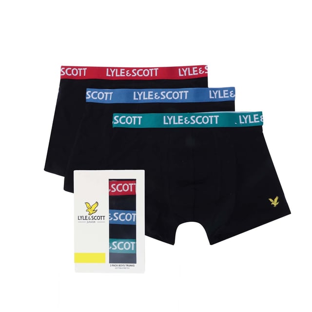 Boys Lyle And Scott Markus 3 Pack Boxer Shorts in black.- Branded elasticated waistband.- Stretch.- 95% Cotton  5% Elastane.We regret that underwear is non-returnable due to hygiene reasons.  - Ref: MARKUS102