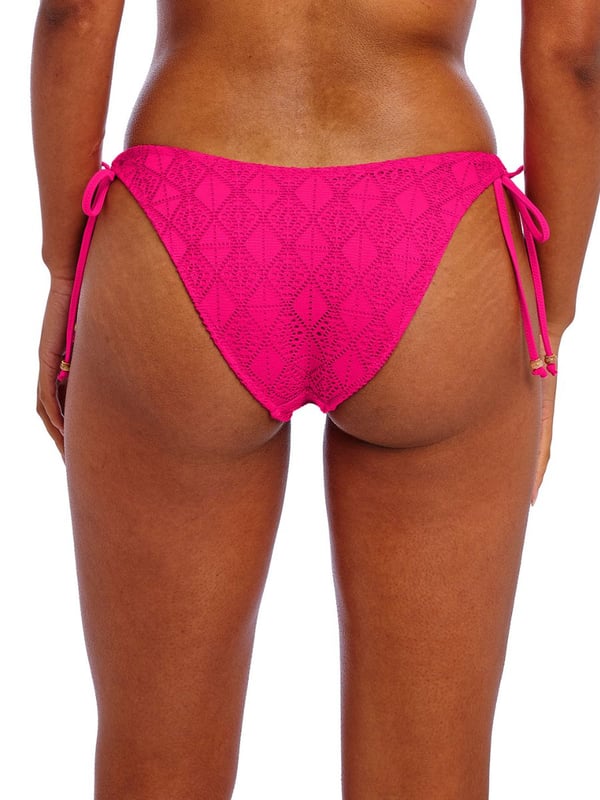 Freya Nomad Nights Tie Side Bikini Brief. High leg briefs ith a crochet inspired fabric and the front and back lined. This product is recommended as hand wash only.