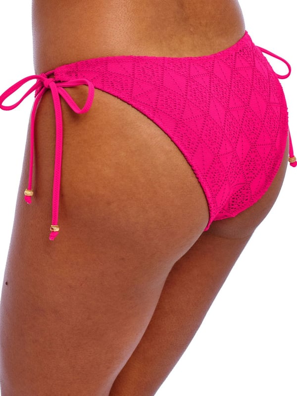 Freya Nomad Nights Tie Side Bikini Brief. High leg briefs ith a crochet inspired fabric and the front and back lined. This product is recommended as hand wash only.