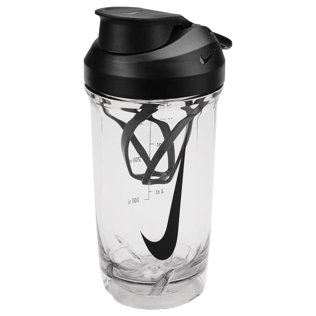 Nike Recharge Shaker Bottle (Black) 65% Polyethylene Terephthalate, 32.2% Polypropylene, 1.8% Silicone, 1% Stainless Steel. BPA Free, Dishwasher Safe, Easy to Clean. Length: 17cm. Height: 8cm. Width: 8cm. Flip-Top Spout, Integrated Mixer, Leakproof, Silicone Ring. Capacity: 300ml. Please Note: Not Suitable for Hot Liquids, Wash Before First Use.