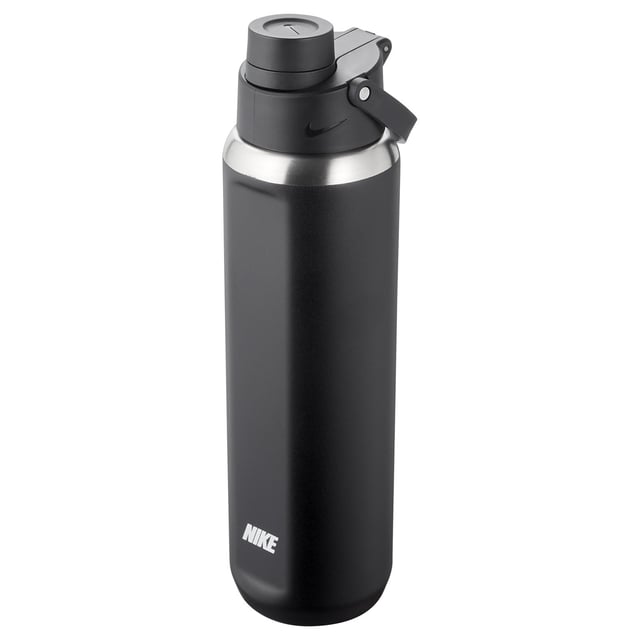 Nike Recharge Chug Water Bottle (Black) 90% Stainless Steel, 8% Polypropylene, 1% Silicone, 1% Thermoplastic Vulcanizate. BPA Free, Dishwasher Safe, Durable, Scratch Resistant. Height: 28cm. Length: 8.5cm. Width: 8.5cm. Detachable Straw, Leakproof, Loop Handle, Soft Finger Loop, Twist Off Cap, Vacuum Insulated. Design: Ergonomic, Logo. Capacity: 682ml. Please Note: Not Suitable for Hot Liquids, Wash Before First Use.