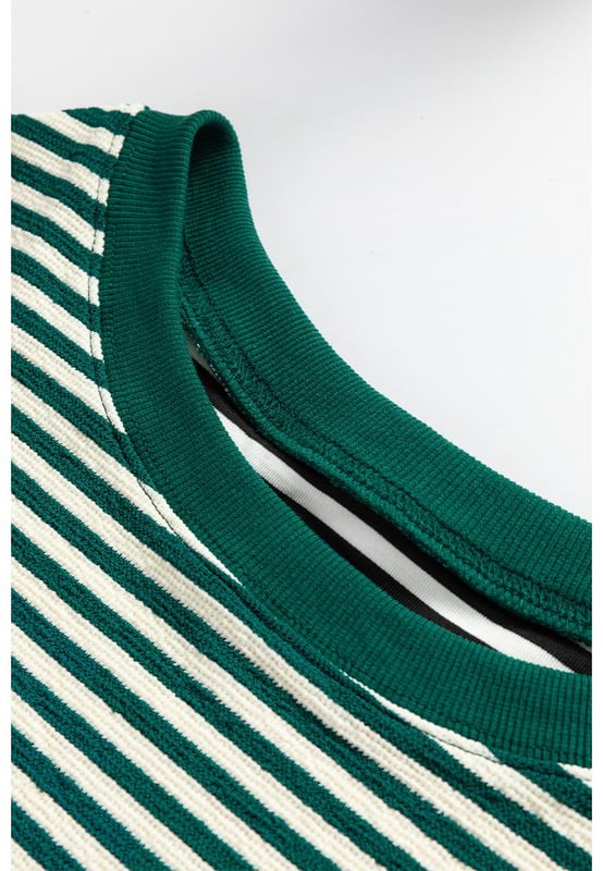 Top de manga larga suelto con hombros caídos y rayas verdes  
Diseño a rayas atemporal  
Corte suelto para una comodidad óptima  
Estilo de hombro caído a la moda  
Cuello redondo favorecedor  
Versátil y adecuado para varios estilos  
Medio  
Alta elasticidad para mayor comodidad  
Material: 97% Poliéster 3% Elastano