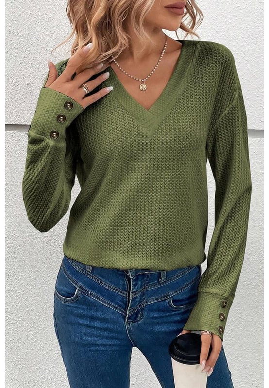 Jungle green textured knit top
  V neck with button cuffs
  Long sleeves
  Regular fit
  Versatile and easy to match with any outfit
  Unisex
Material: 70% Polyester 27% Viscose 3% Elastane