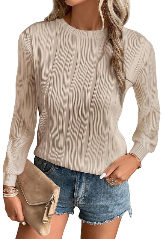 Apricot Textured Wavy Round Neck Long Sleeve Top
  Intricate wavy fabric for a distinctive tactile appeal
  Classic round neck suitable for most
  Timeless design that complements any casual wardrobe
  Concise style and solid color make it versatile to style
  Unisex top that pairs well with any fashionable jeans and pants
  Size chart available for your convenience
Material: 91% Polyester 9% Elastane
