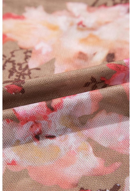 Top de malla transparente con estampado floral rojo de manga larga  
Silueta ajustada  
Mangas largas para calidez y sofisticación  
Diseño clásico de cuello redondo  
Alta elasticidad  
Material: 95% poliéster 5% elastano
