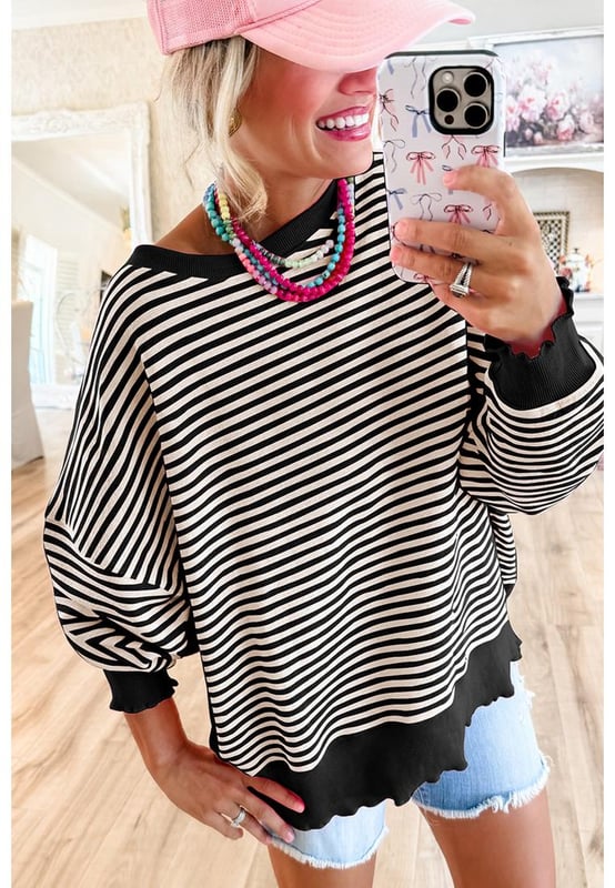 Black Stripe Loose Drop Shoulder Long Sleeve Top
  Timeless and versatile striped design
  Loose fit that drapes beautifully on all body types
  Trendy drop shoulder design for a modern and relaxed vibe
  Comfortable crew neck design
  Features captivating patterns and textures
  Medium
  high elasticity
Material: 97% Polyester 3% Elastane