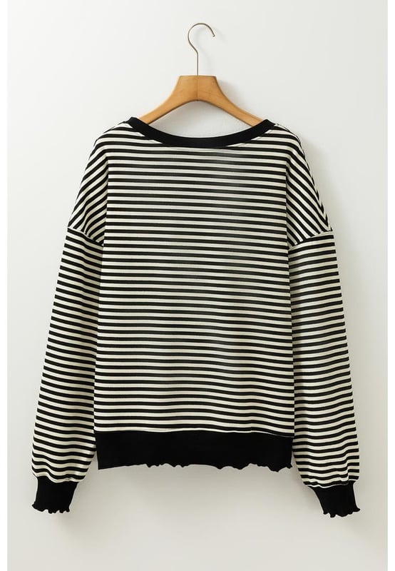 Black Stripe Loose Drop Shoulder Long Sleeve Top
  Timeless and versatile striped design
  Loose fit that drapes beautifully on all body types
  Trendy drop shoulder design for a modern and relaxed vibe
  Comfortable crew neck design
  Features captivating patterns and textures
  Medium
  high elasticity
Material: 97% Polyester 3% Elastane
