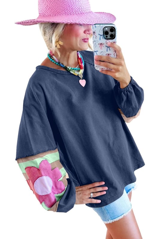 Sail Blue Flower Patchwork Raglan Sleeve Exposed Seam Oversized Top
  Stylish vintage flair with a mineral wash
  Long bubble sleeves with elastic cuffs
  Contrasting color stripe pattern on sleeves
  Exposed seams and raw cut details
  Loose
  fit silhouette friendly to most body shapes
  Available in different sizes
  Medium elasticity
  Dropship womens long sleeve tops from Dear
  Lover
Material: 85% Polyester 10% Cotton 5% Elastane