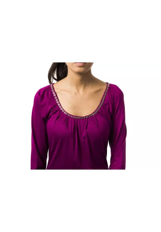 Purple Viscose Tops & T
  Shirt
  Open round neck design
  Long sleeves
  Soft and comfortable viscose fabric
  Versatile and stylish
  Perfect for casual and formal occasions
  Pair with jeans or a skirt for a chic look
  Must
  have addition to any womans wardrobe
Material: 95% Viscose 5% Elastane